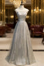 Gray Tulle Sequins High Neck Cap Sleeve Prom Dress