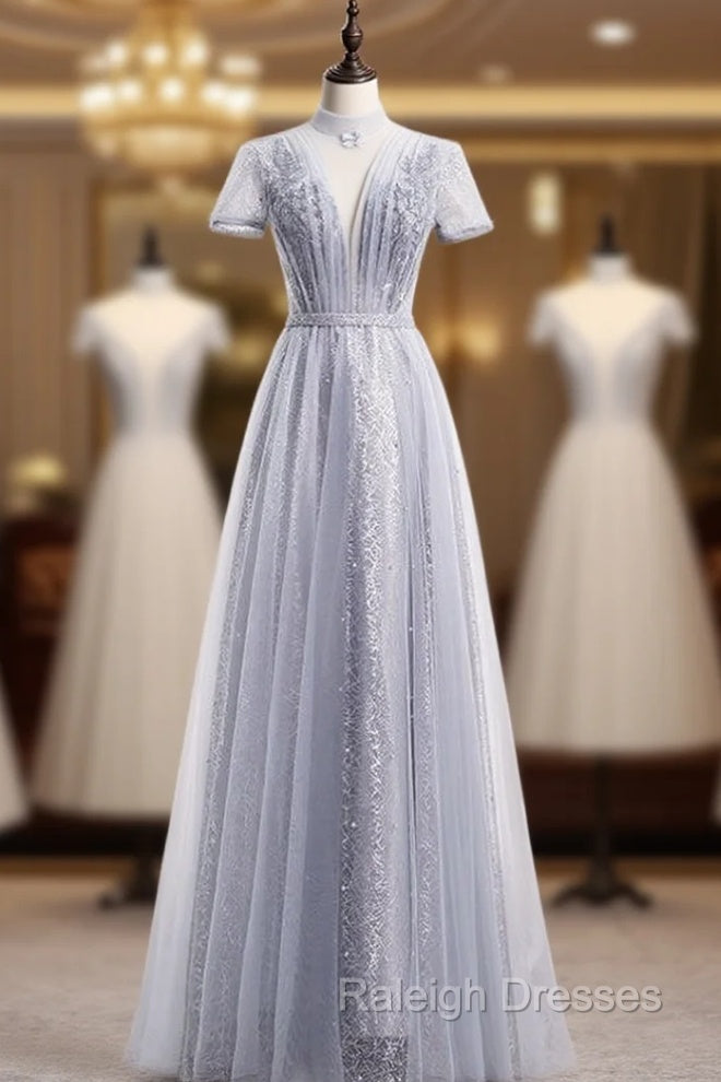 Gray Tulle Sequins High Neck Short Sleeve Beading Prom Dress