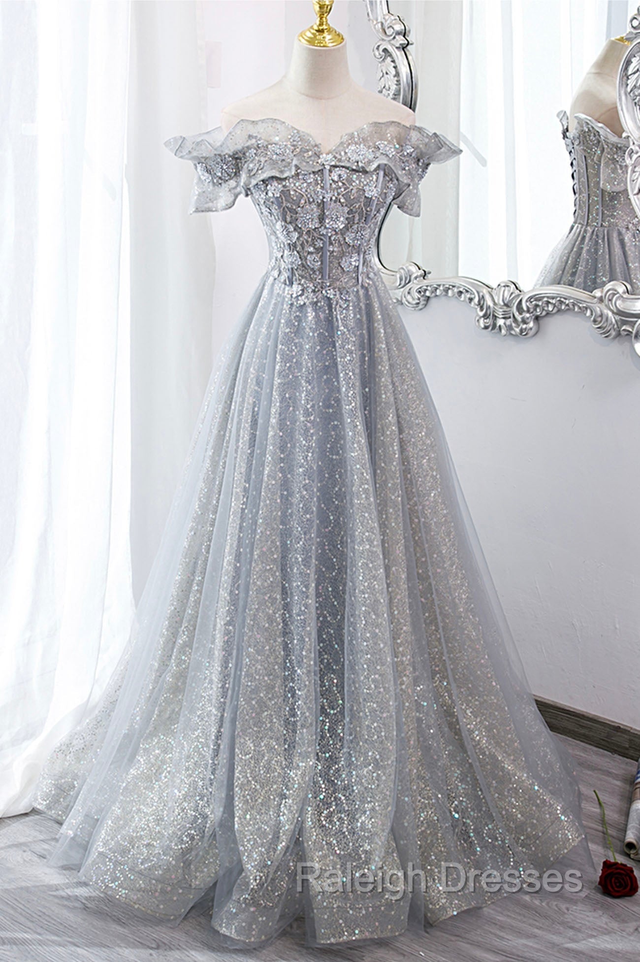 Gray Tulle Sequins Long A Line Prom Dress, Off the Shoulder Graduation Dress