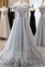 Gray Tulle Sequins Long A-Line Prom Dress, Off the Shoulder Graduation Dress