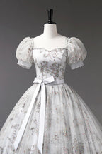 Gray Tulle Sequins Long Prom Dresses A Line Prom Dresses
