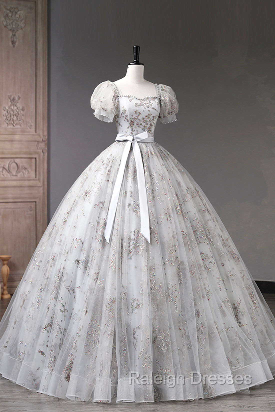 Gray Tulle Sequins Long Prom Dress, A-Line Evening Party Dress