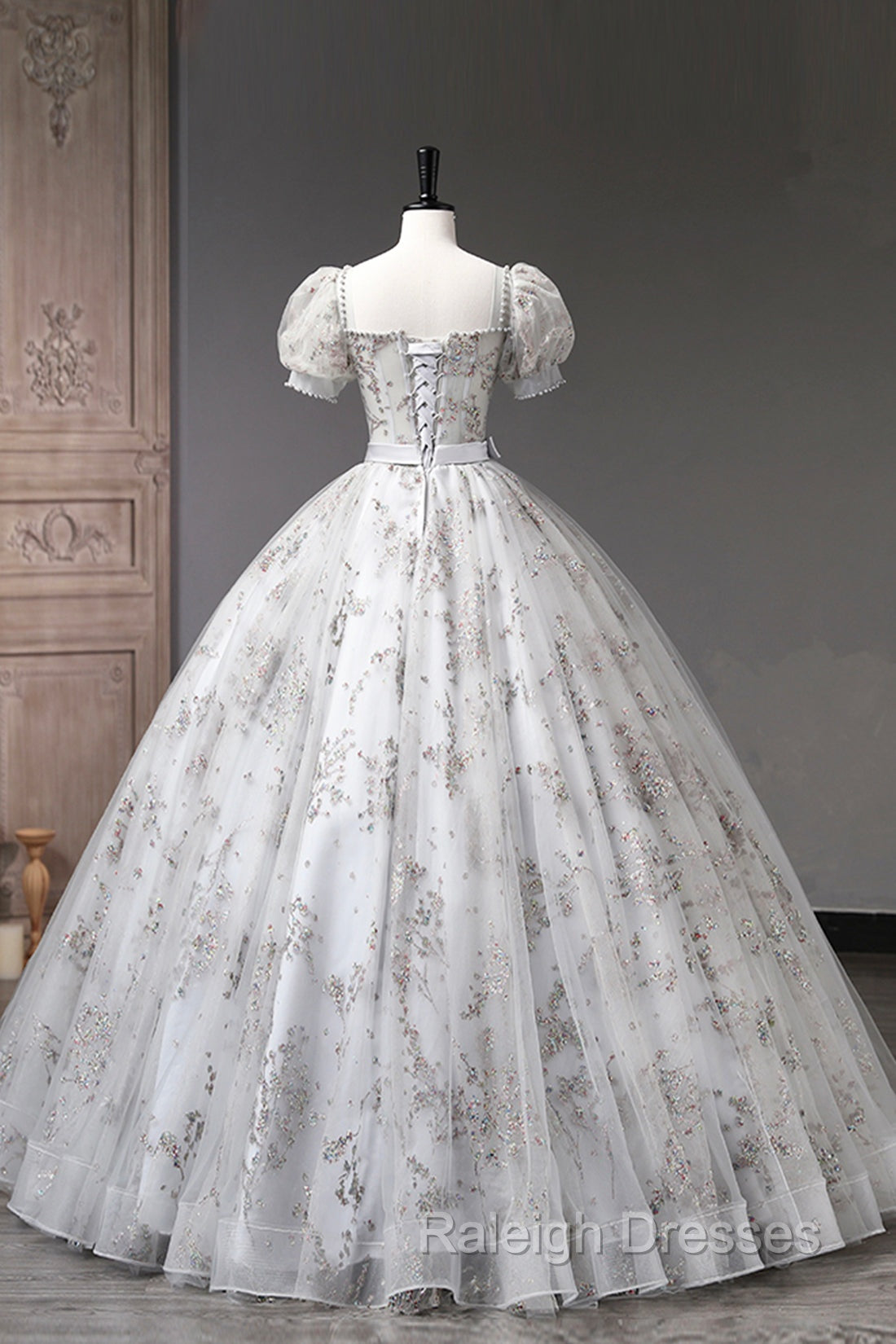 Gray Tulle Sequins Long Prom Dresses A Line Prom Dresses