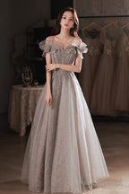 Gray Tulle Sequins Long Prom Dresses, A-Line Off The Shoulder Evening Dresses