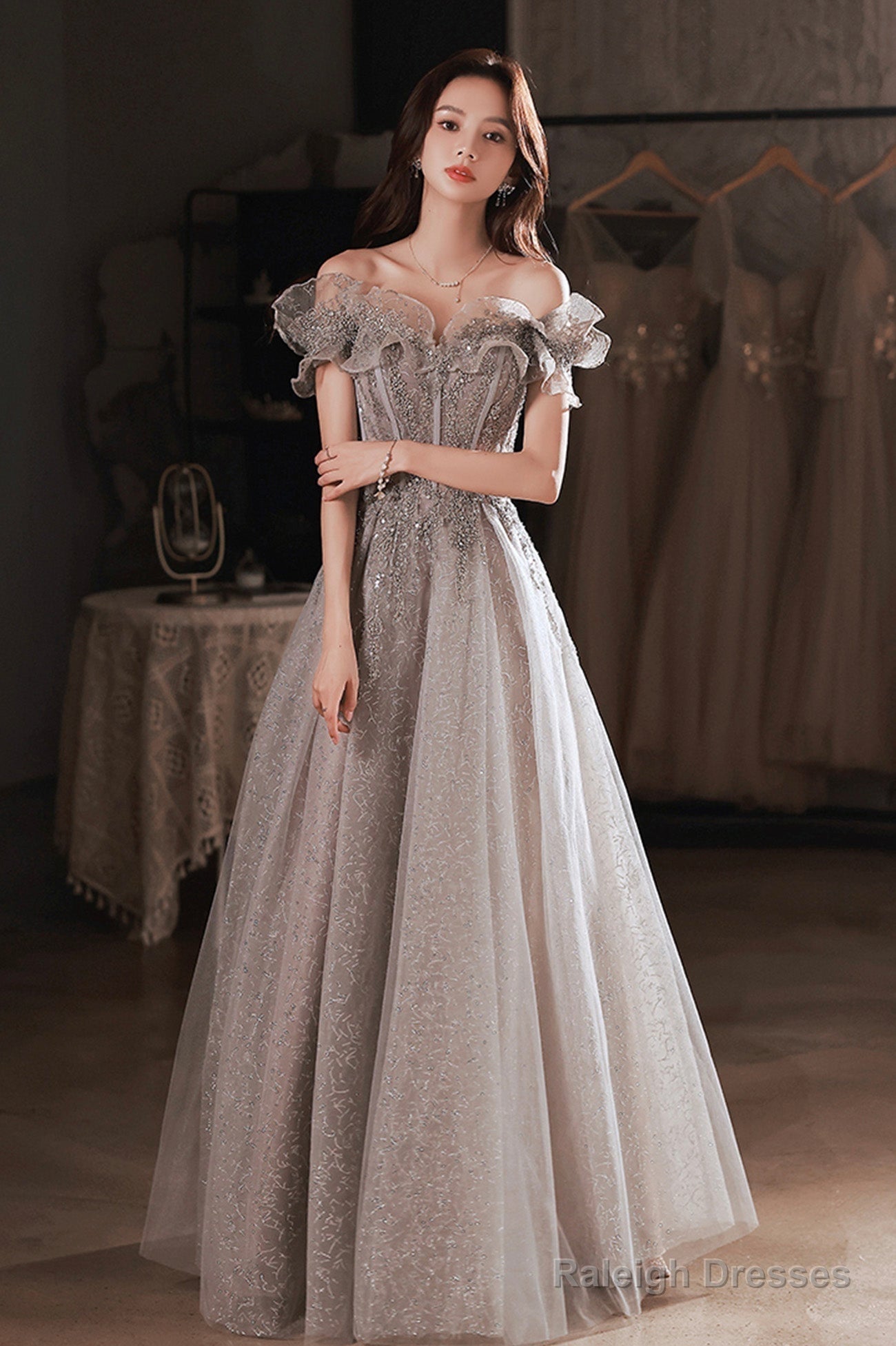 Gray Tulle Sequins Long Prom Dresses, A-Line Off The Shoulder Evening Dresses