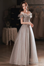 Gray Tulle Sequins Long Prom Dresses, A-Line Off The Shoulder Evening Dresses