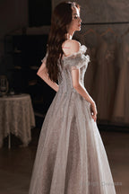 Gray Tulle Sequins Long Prom Dresses, A-Line Off The Shoulder Evening Dresses