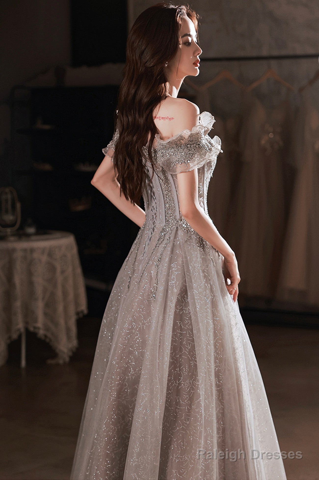 Gray Tulle Sequins Long Prom Dresses, A-Line Off The Shoulder Evening Dresses