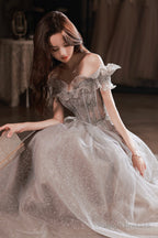 Gray Tulle Sequins Long Prom Dresses, A-Line Off The Shoulder Evening Dresses