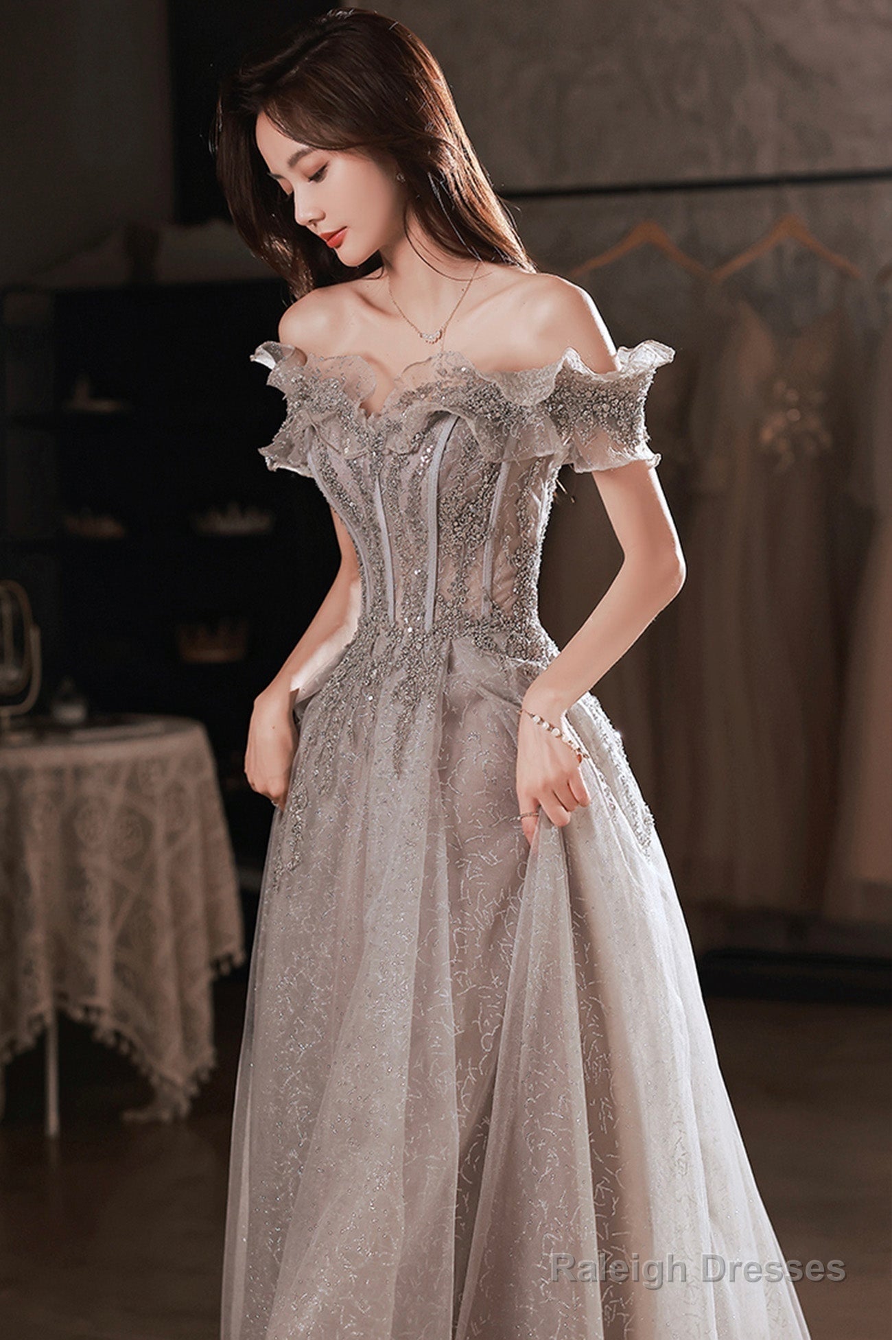 Gray Tulle Sequins Long Prom Dresses, A-Line Off The Shoulder Evening Dresses Main image