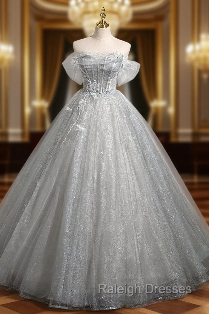 Gray Tulle Sequins Off the Shoulder Appliques Quinceanera Dress