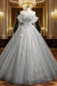 Gray Tulle Sequins Off the Shoulder Appliques Quinceanera Dress