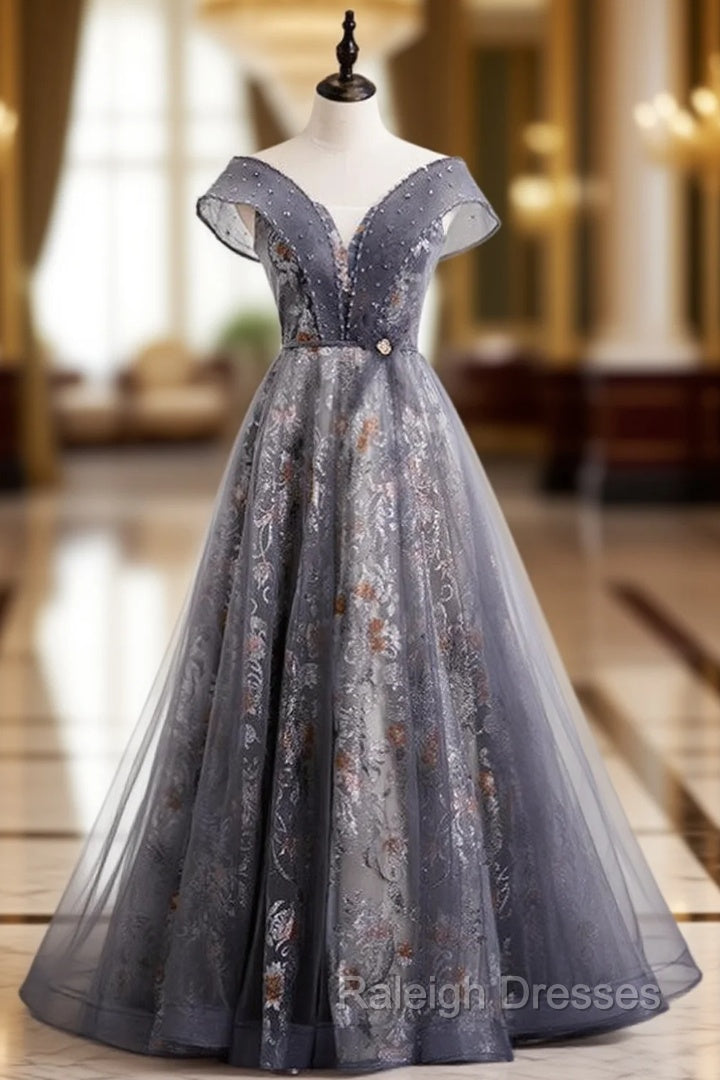 Gray Tulle Sequins Off the Shoulder Beading Prom Dress Main image