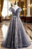 Gray Tulle Sequins Off the Shoulder Beading Prom Dress