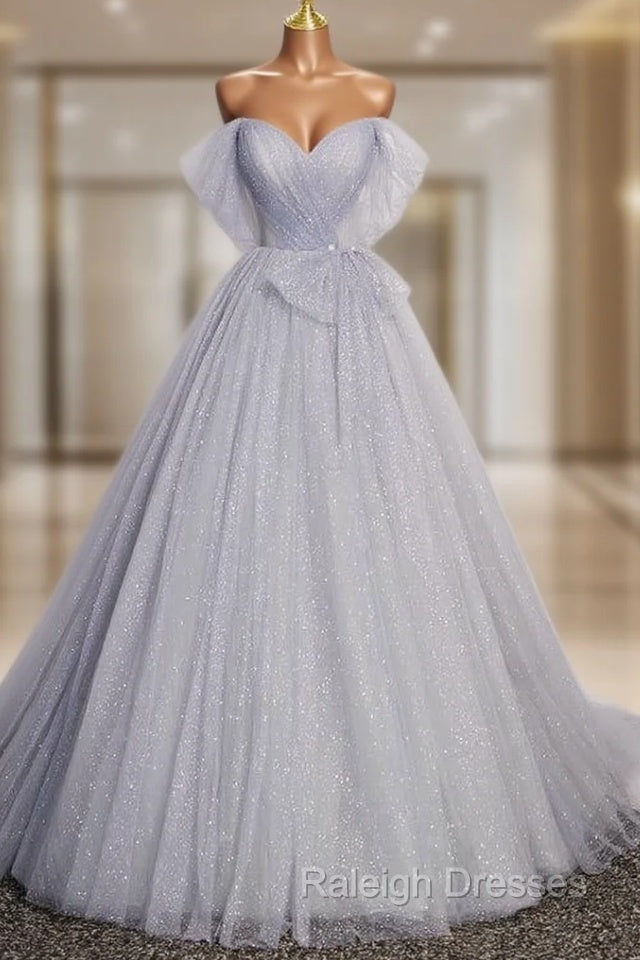 Gray Tulle Sequins Off the Shoulder Pleats Prom Dress