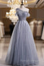 Gray Tulle Sequins Scoop Pearls Formal Prom Dress