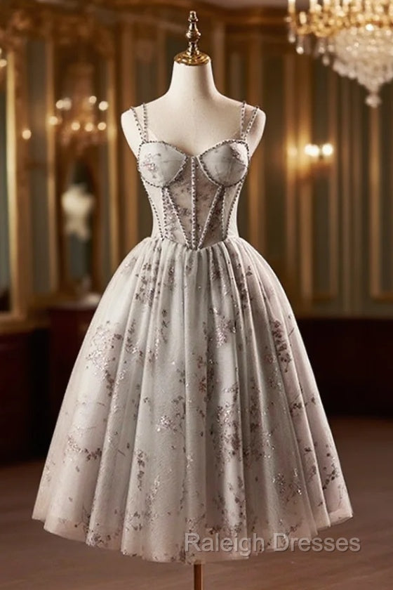 Gray Tulle Sequins Short Prom Dress, A-Line Spaghetti Straps Backless Party Dress Main image