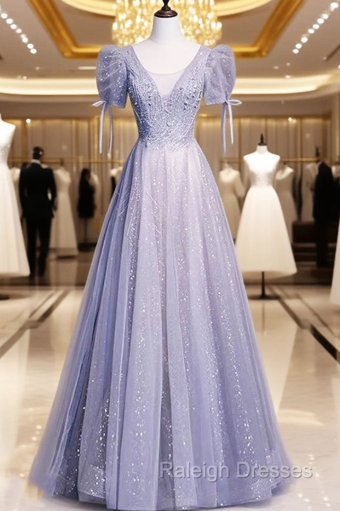 Gray Tulle Sequins Short Sleeve Beading Prom Dress