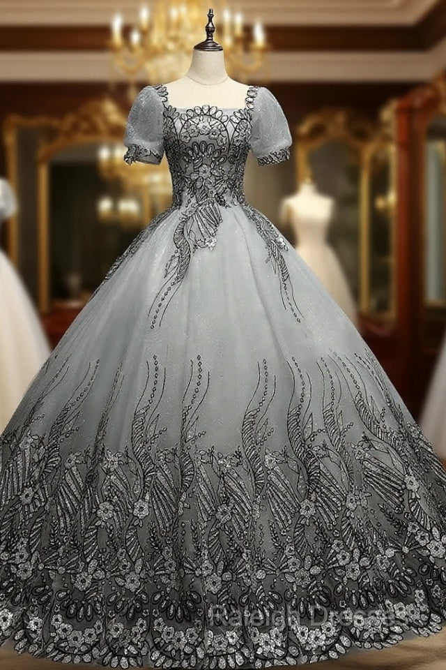 Gray Tulle Sequins Short Sleeve Quinceanera Dress