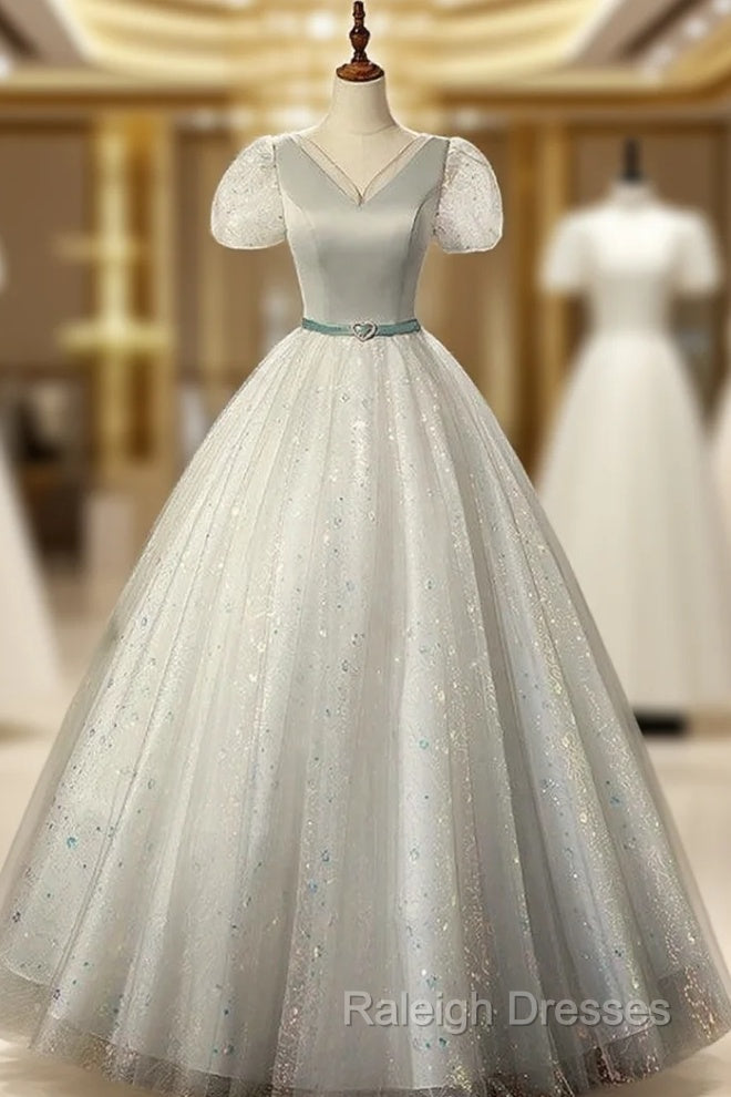 Gray Tulle Sequins Short Sleeve V-neck Quinceanera Dress Main image