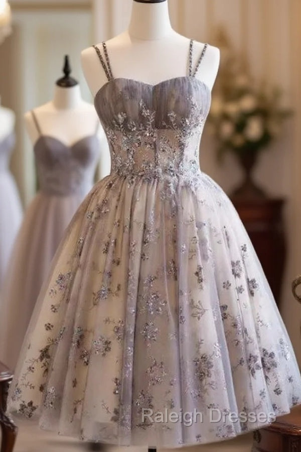 Gray Tulle Sequins Spaghetti Straps Homecoming Dress Main image