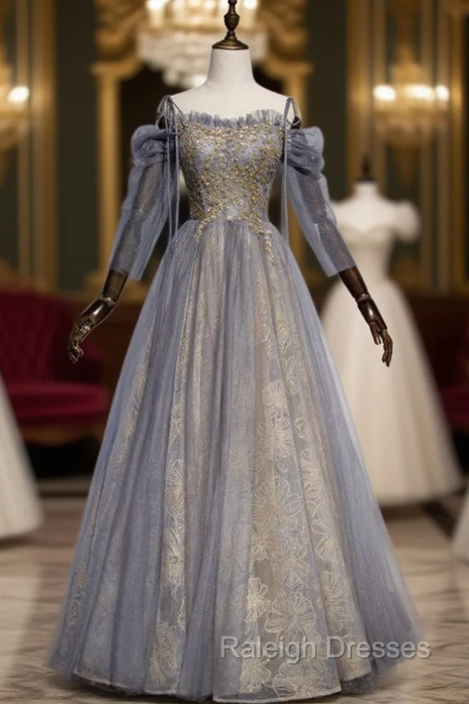 Gray Tulle Sequins Spaghetti Straps Long Sleeve Prom Dress Main image