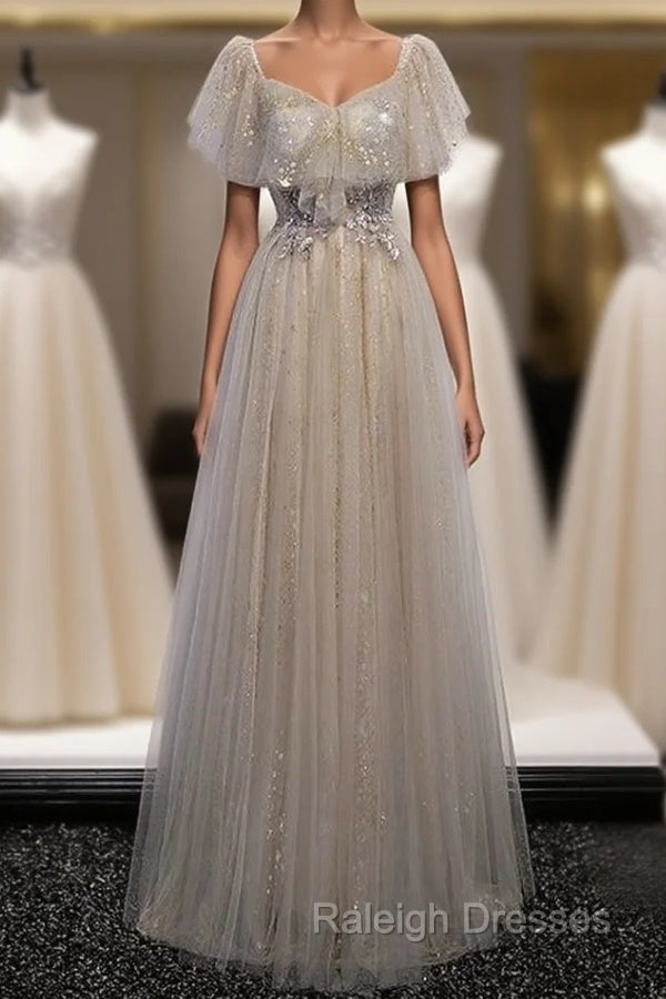 Gray Tulle Sequins Square Appliques Beading Prom Dress