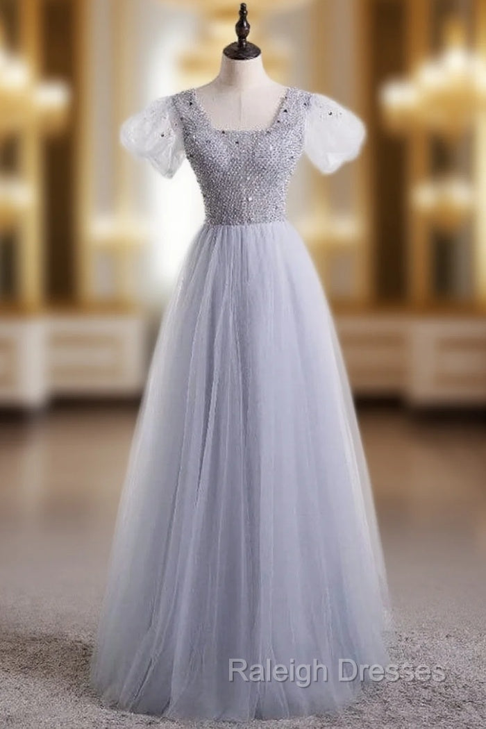 Gray Tulle Sequins Sqyare Short Sleeve Beading Prom Dress Main image