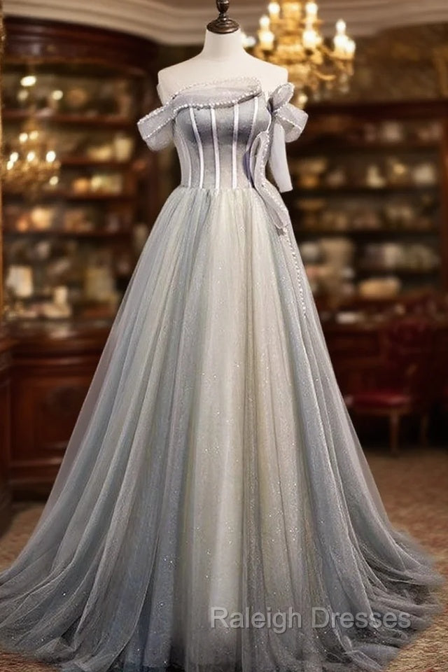 Gray Tulle Sequins Strapless Pearls Prom Dress