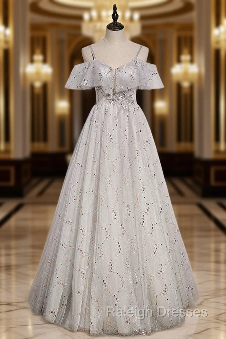 Gray Tulle Sequins Straps Beading Prom Dress