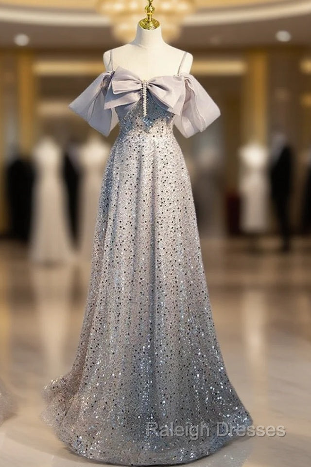 Gray Tulle Sequins Straps Bow Prom Dress Main image