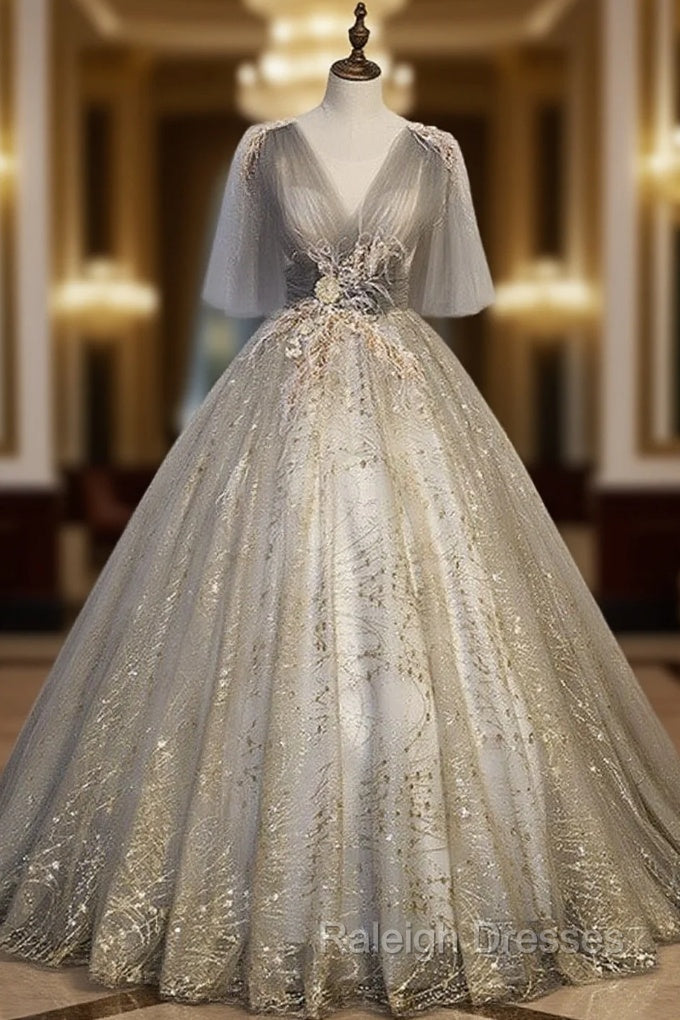 Gray Tulle Sequins V-neck Appliques Pleats Quinceanera Dress