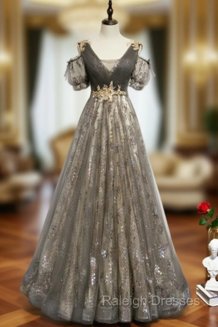 Gray Tulle Sequins V-neck Pleats Beading Prom Dress Main image