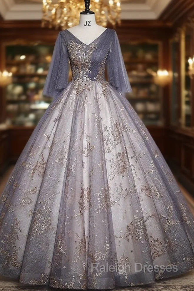 Gray Tulle Sequins V-neck Quinceanera Dress Main image