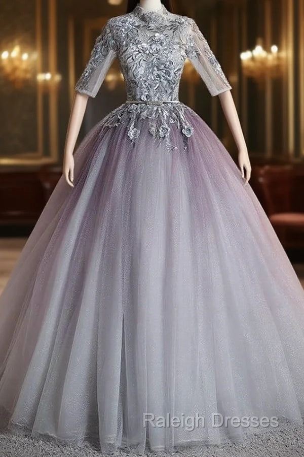 Gray Tulle Short Sleeve High Neck Quinceanera Dress