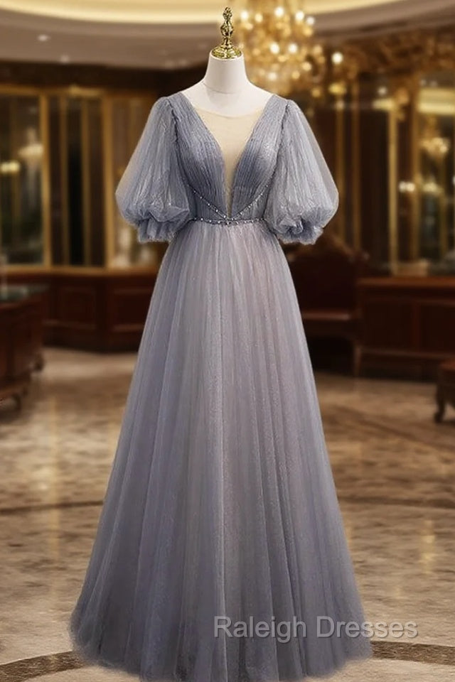 Gray Tulle Short Sleeve Pleats Beading Prom Dress
