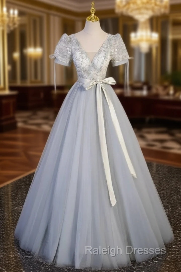 Gray Tulle Short Sleeve V Neck Appliques Prom Dress Main image