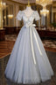 Gray Tulle Short Sleeve V Neck Appliques Prom Dress