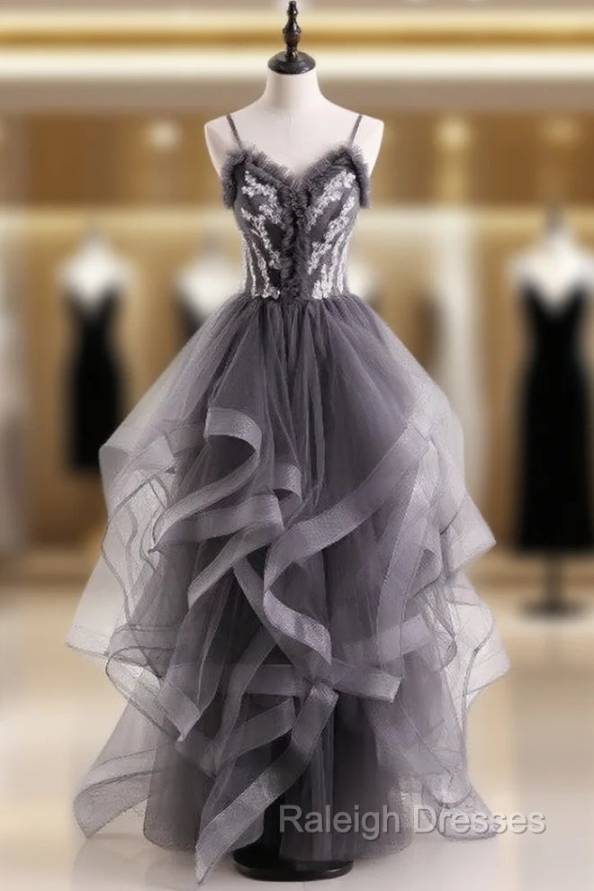 Gray Tulle Spaghetti Straps Appliques Prom Dress Main image