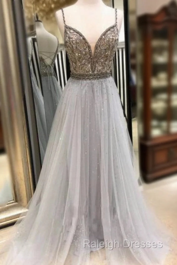 Gray Tulle Spaghetti Straps Backless Beading Sequins Prom Dress Main image