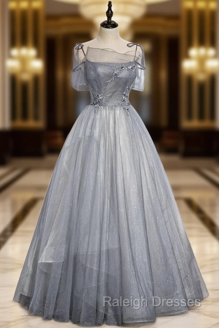 Gray Tulle Spaghetti Straps Beading Prom Dress