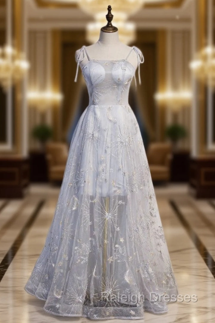 Gray Tulle Spaghetti Straps Embroidery Prom Dress