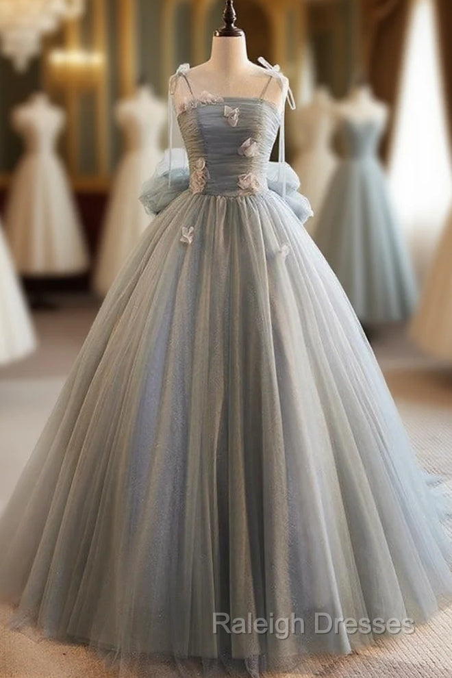 Gray Tulle Spaghetti Straps Flower Prom Dress Main image