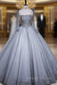 Gray Tulle Spaghetti Straps Pearls Quinceanera Dress