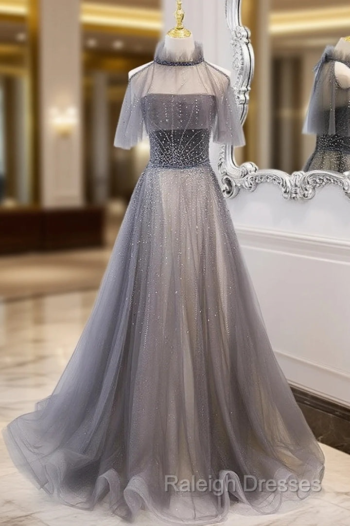 Gray Tulle Strapless Beading Prom Dress With Shawl Main image