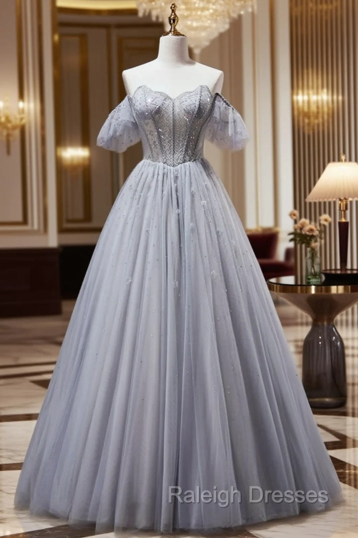 Gray Tulle Strapless Beading Prom Dress Main image