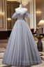 Gray Tulle Strapless Beading Prom Dress