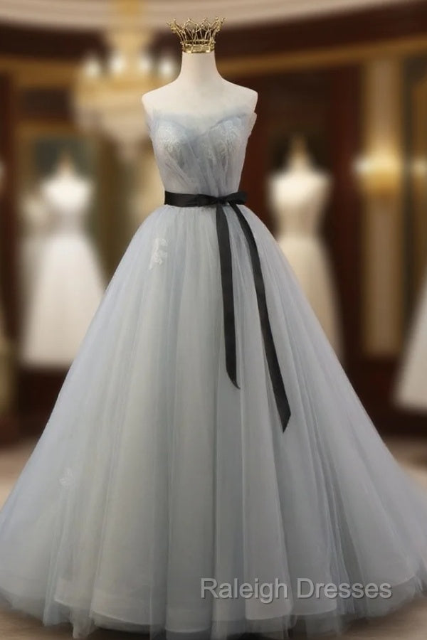 Gray Tulle Strapless Lace Pleats Prom Dress Main image