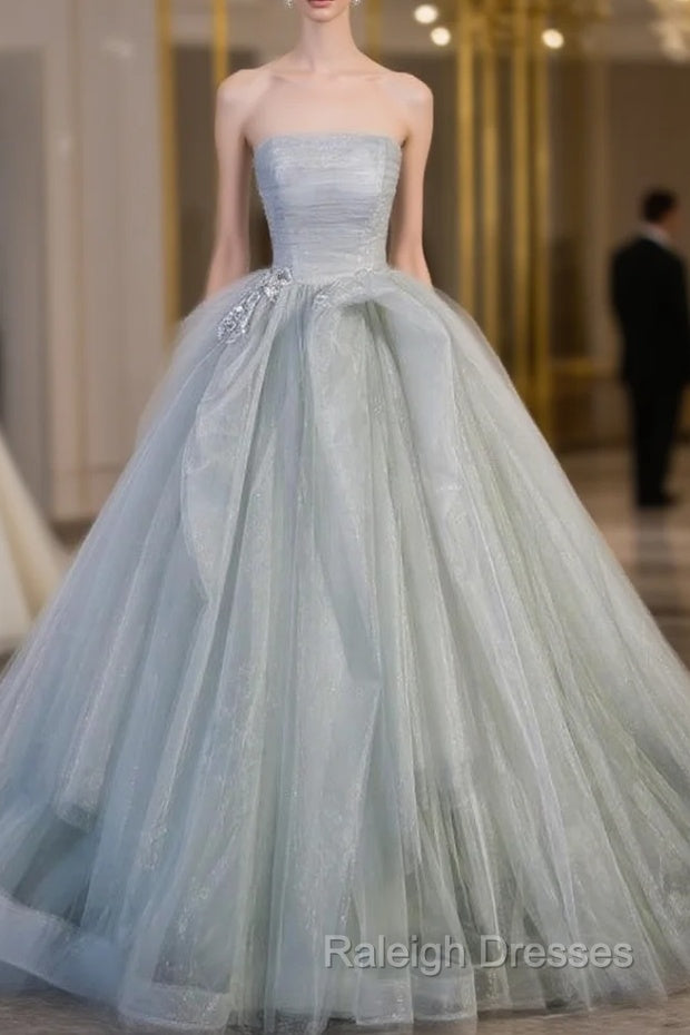 Gray Tulle Strapless Pleats Prom Dress Main image