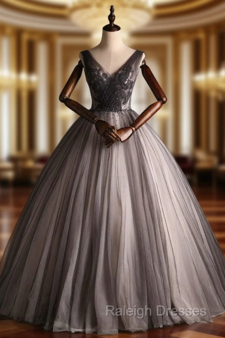 Gray Tulle V-neck Appliques Beading Sequins Quinceanera Dress